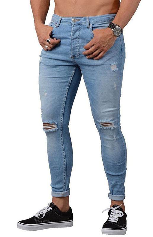 Men's street style denim jeans with slight elasticity, cotton blend, distressed effect, four seasons wear.