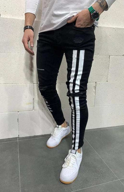 Stylish Men's Slim Fit Elastic Jeans with Trendy Frayed Detailing