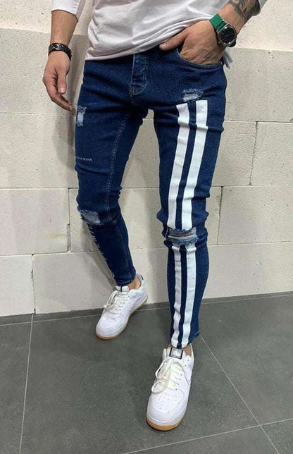 Stylish Men's Slim Fit Elastic Jeans with Trendy Frayed Detailing