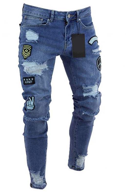 Trendy Men's Patchwork Distressed Knit Denim Slim Jeans