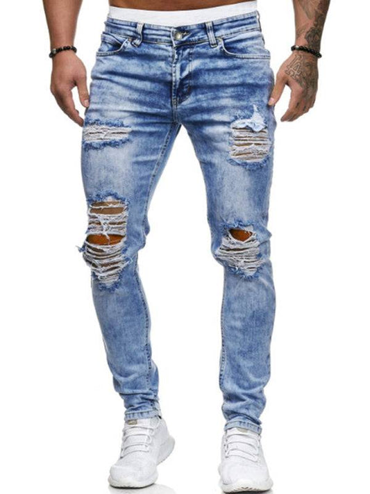 Men's distressed knit denim jeans in blue, four seasons cotton blend, street style.