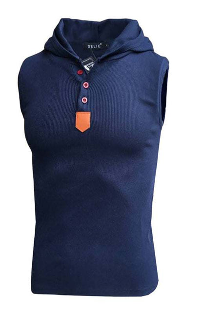 Men's leisure hooded knit sleeveless vest, navy blue, polyester-cotton blend, spring-summer wear.