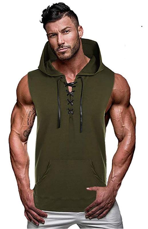 Men's Stylish Lace-Up Sleeveless Knit Hoodie for Casual Spring-Summer Wear