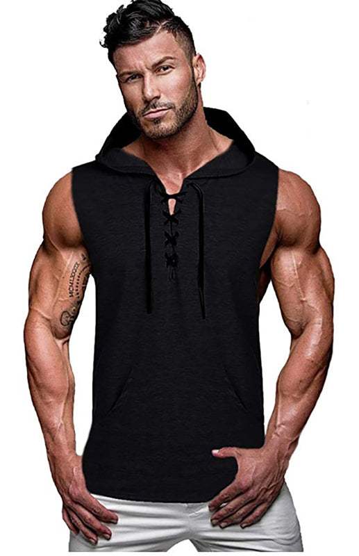 Men's Stylish Lace-Up Sleeveless Knit Hoodie for Casual Spring-Summer Wear