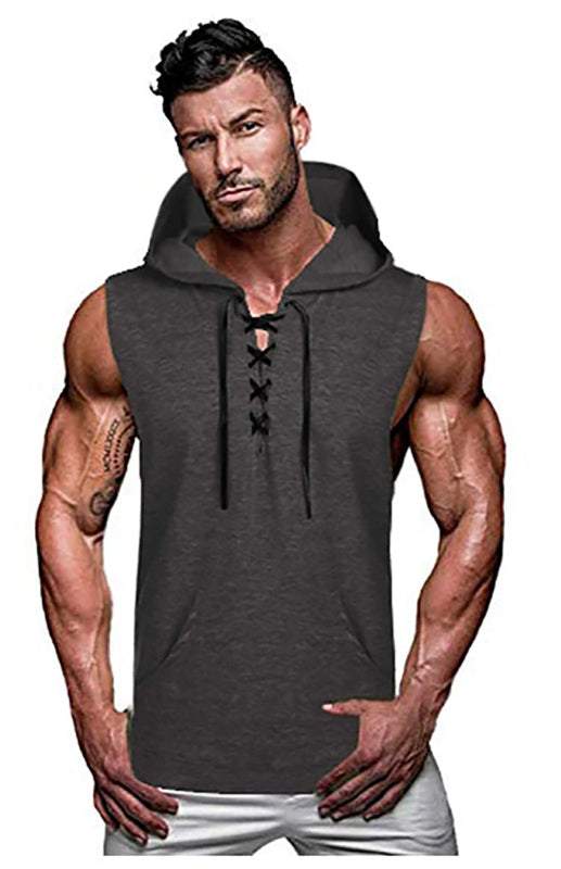 Men's Stylish Lace-Up Sleeveless Knit Hoodie for Casual Spring-Summer Wear