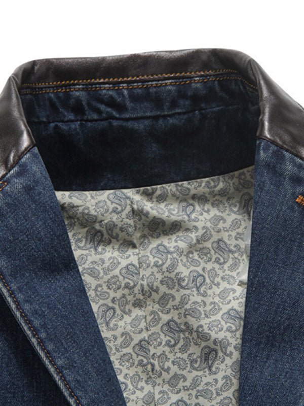 Stylish Men's Patchwork Denim Suit Jacket - Trendy and Lightweight