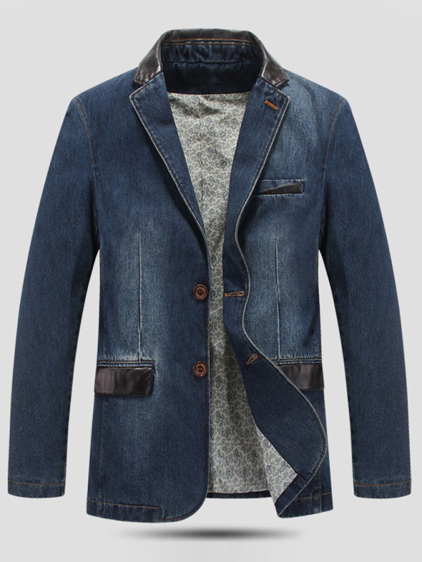 Stylish Men's Patchwork Denim Suit Jacket - Trendy and Lightweight