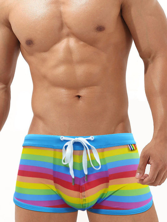 Rainbow Boxer Swim Shorts for Men with Tethered Slit