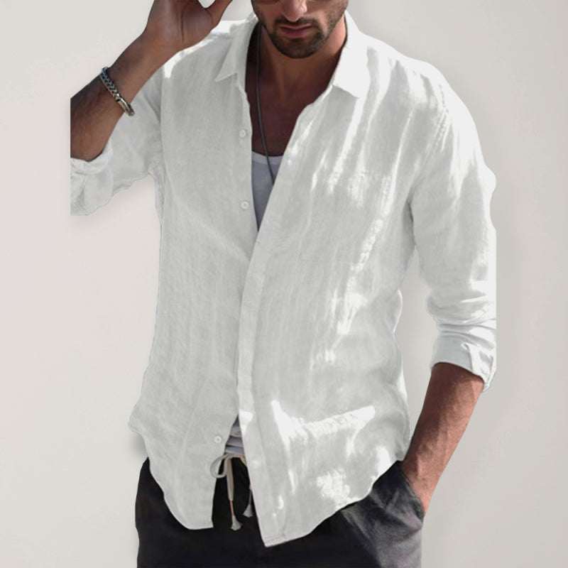 Casual long sleeved cotton linen solid color shirt with V-neck and regular sleeves.