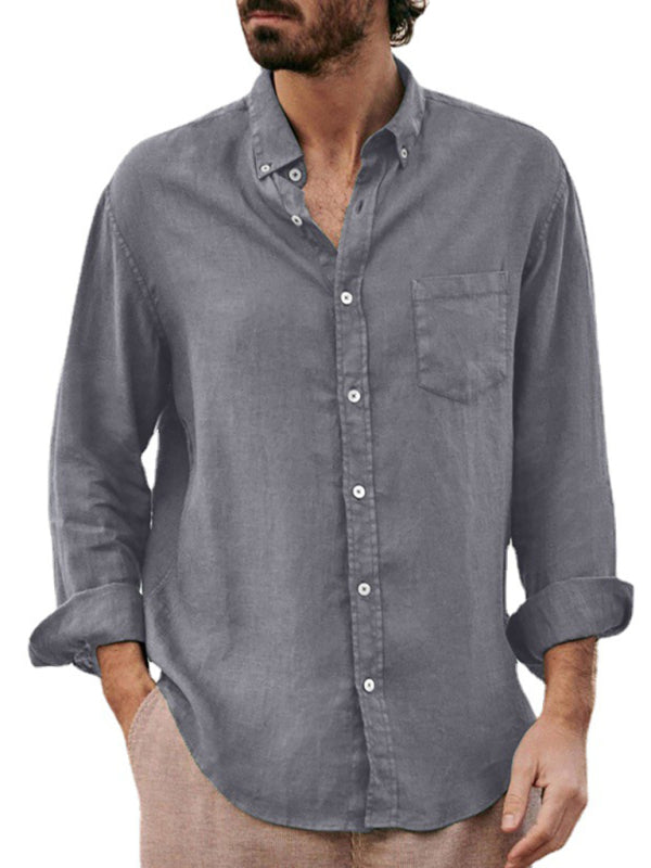 European Style Men's Solid Color Cotton Shirt with Lapel Collar