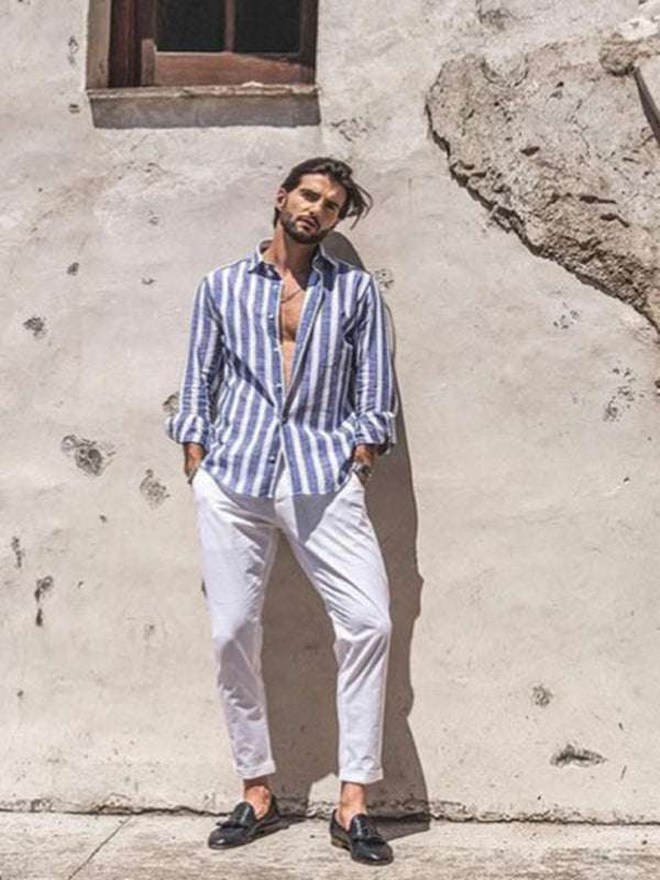 Stylish Striped Lapel Shirt for Men - Comfortable Casual Beach Print Long Sleeves