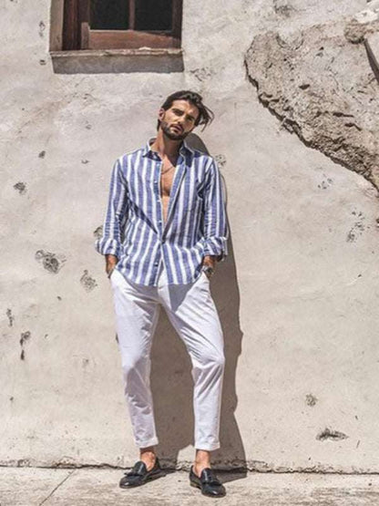 Stylish Striped Lapel Shirt for Men - Comfortable Casual Beach Print Long Sleeves