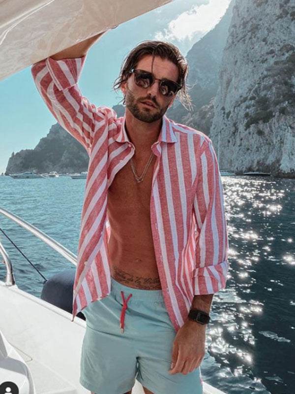 Stylish Striped Lapel Shirt for Men - Comfortable Casual Beach Print Long Sleeves