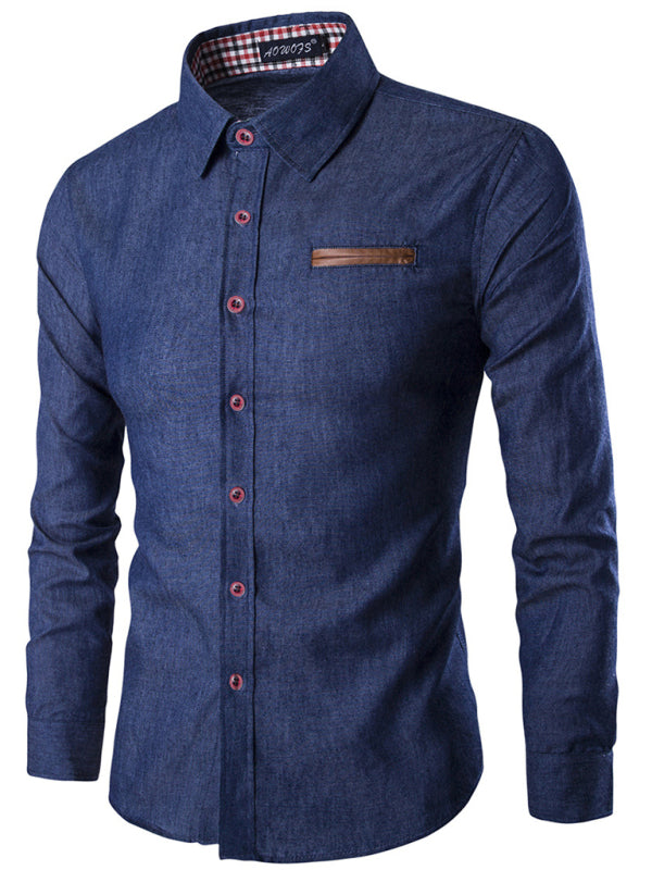 Men's Edgy Leather Patch Denim Shirt with Slim Fit