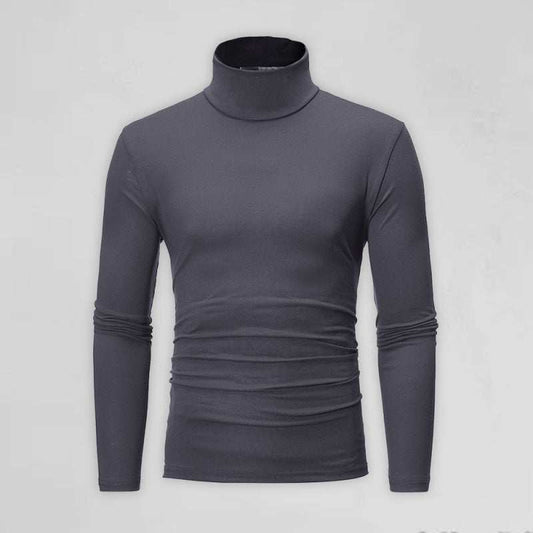 Men's charcoal turtleneck long sleeve casual shirt, solid color, polyester-spandex blend, autumn-winter wear.