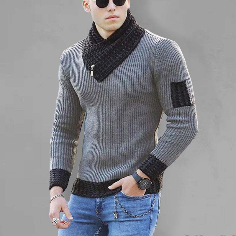 Plus size men's grey knit sweater pullover with long sleeves and a turtleneck scarf.