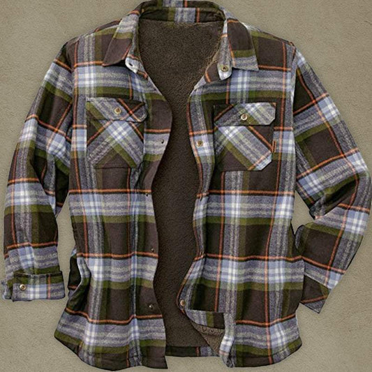 Long sleeve plaid fleece men's jacket with lapel and flap pockets.