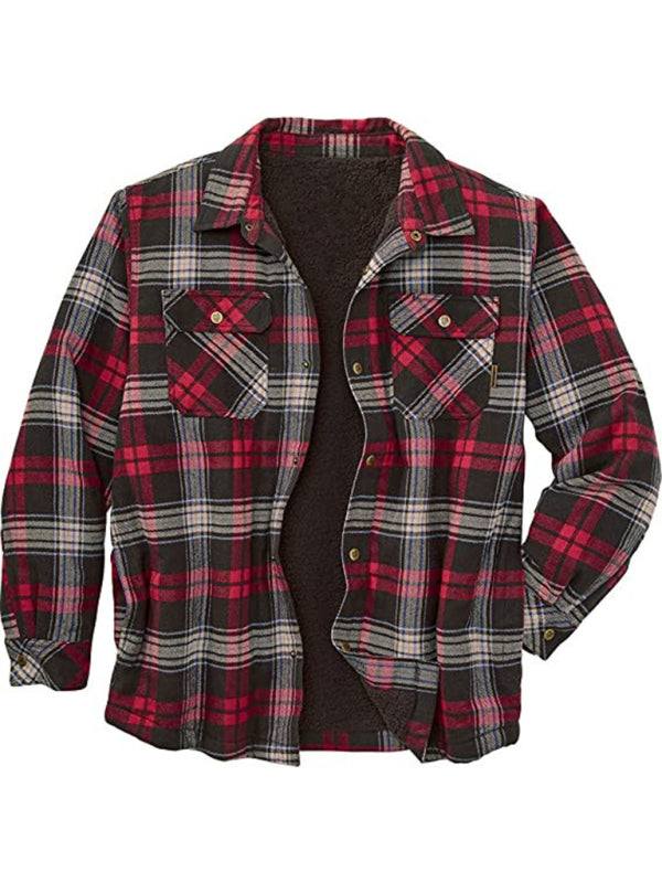 Plaid Fleece Long Sleeve Jacket with Lapel - Men's Casual Comfort for Autumn-Winter