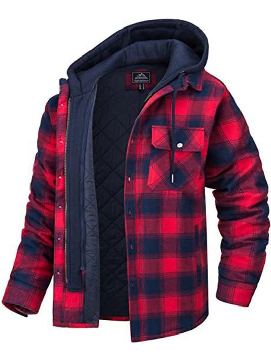 Men's red plaid hooded padded jacket with long sleeves and flap pocket.