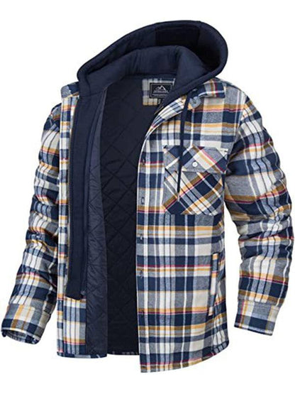 Cozy Men's Oversized Hooded Plaid Jacket with Thick Padded Comfort for Autumn-Winter Adventures