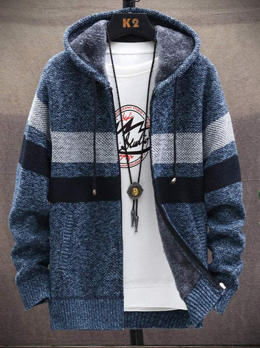 Youth slim fit trendy hooded fleece sweater cardigan with contrast color design.