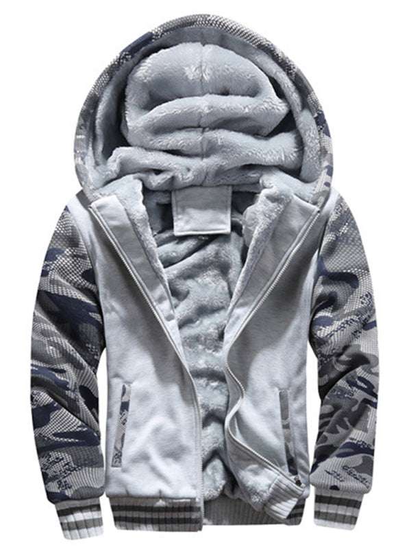 Men's camouflage casual sports cardigan sweater jacket with hood, long sleeves, and knit design for autumn-winter warmth.