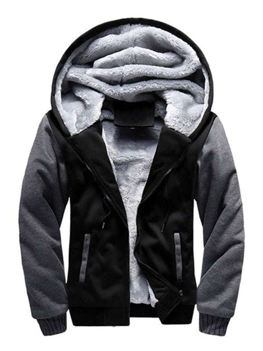 Men's hooded sweater with fleece lining, loose sports style, thick polyester-spandex blend, autumn-winter wear.