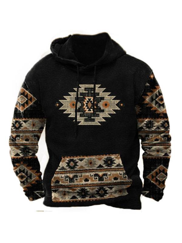 Digital printing men's street sports fashion trend hoodie with geometric patterns.