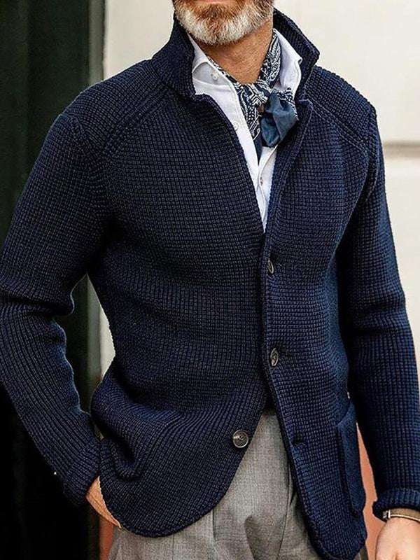 Men's navy stand collar knit cardigan sweater, winter fashion, casual style.