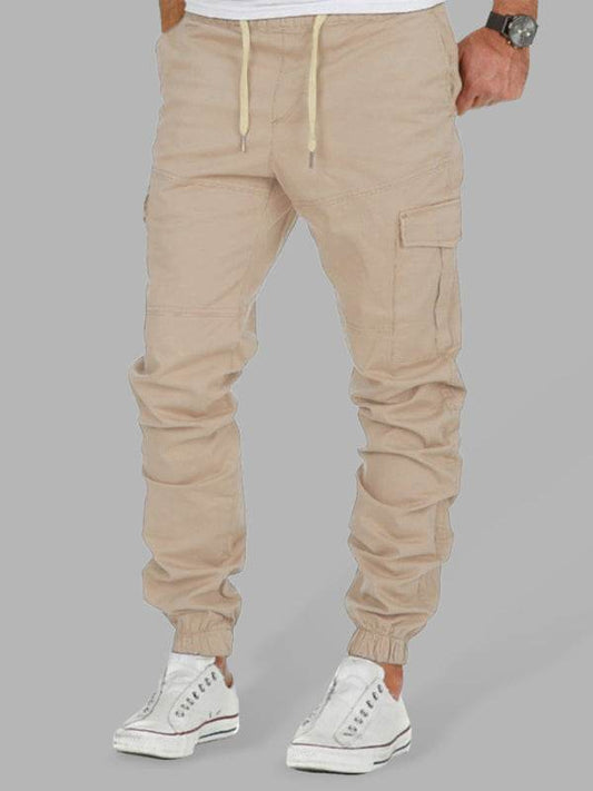 Men's solid color cargo pocket drawstring casual trousers, beige, mid-waist.