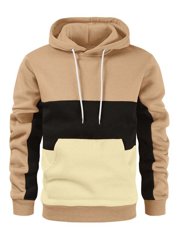 Men's color block contrast long sleeve hooded sweatshirt with front pocket.