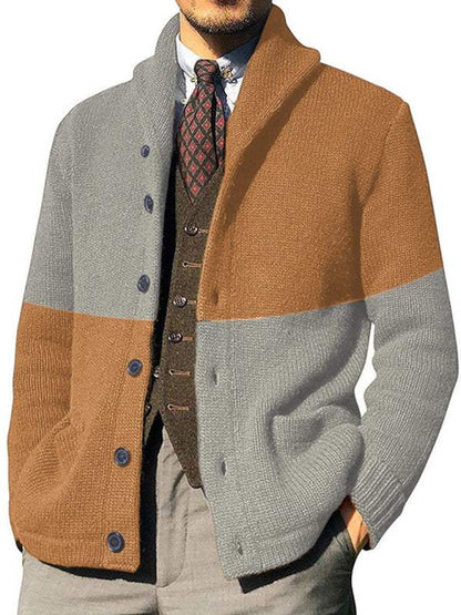 Men's contrasting color block long sleeve cardigan with buttons, lapel collar, and knit fabric.