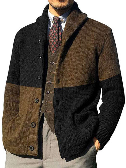 Chic Color Block Acrylic Cardigan for Men - Stylish Button-Up Long Sleeve Sweater