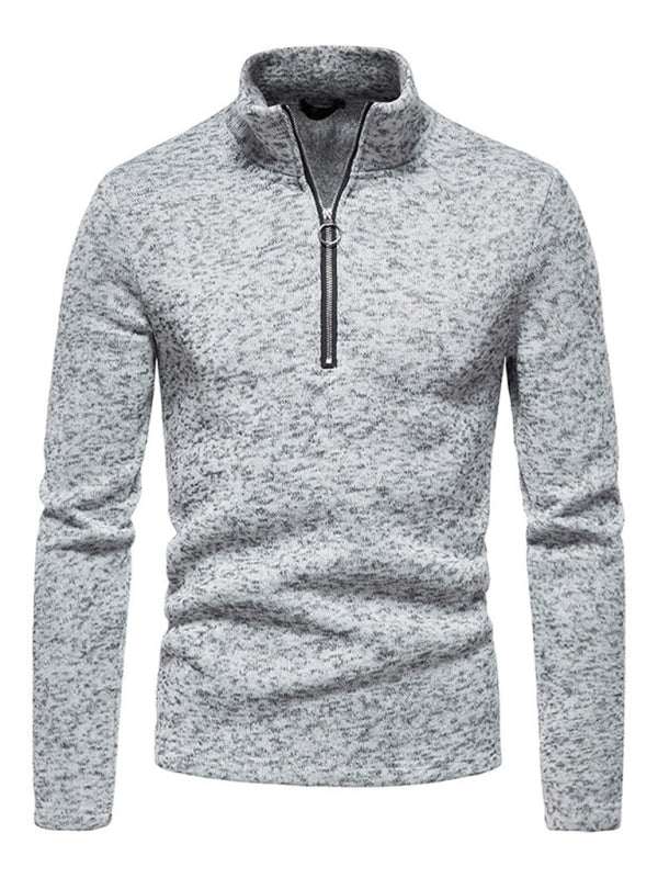 Men's solid color turtleneck zipper long sleeve sweatshirt in gray knit fabric.