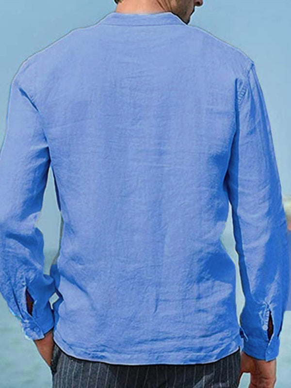 Solid Color Men's Cotton Linen Shirt with Pocket