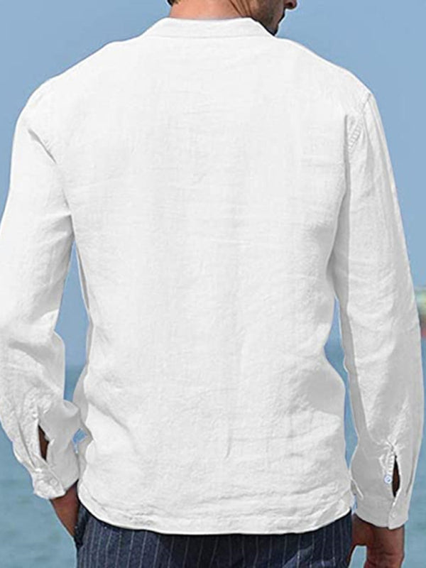 Solid Color Men's Cotton Linen Shirt with Pocket