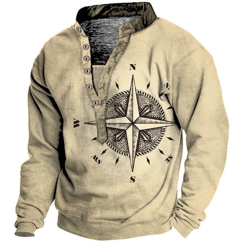 Men's Stylish Compass Graphic Long Sleeve Tee - Soft, Comfortable & Perfect for Spring-Summer