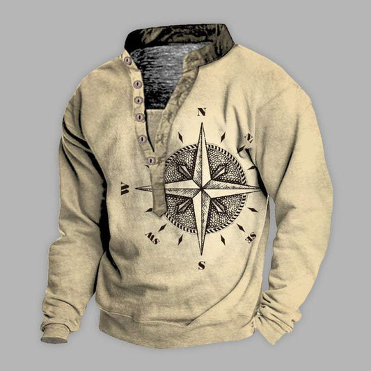 Men's arrow compass print long sleeve T-shirt, standing neck, polyester, casual style.