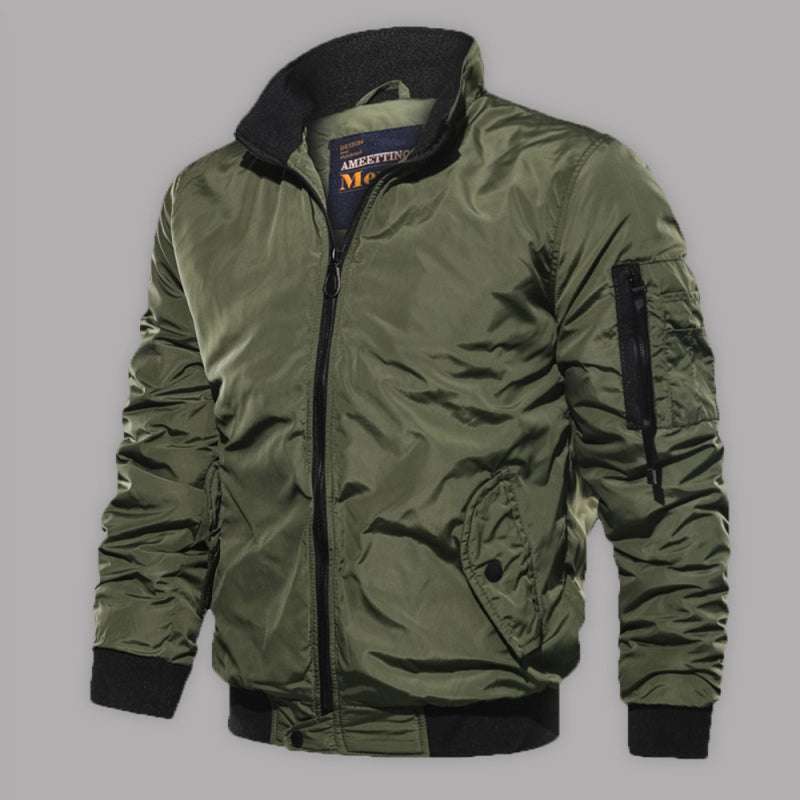 Men's cotton jacket coat in olive green with a simple fashion design, featuring a polyester material and flap pockets, ideal for autumn-winter casual wear.