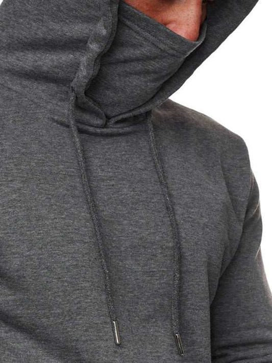 Men's gray sweatshirt hoodie with integrated face mask, long sleeves, and drawstring detail.