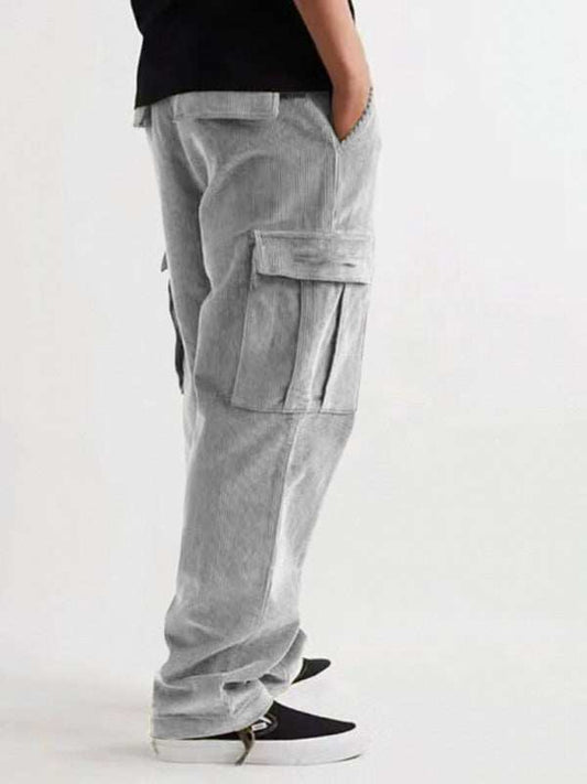 Men's corduroy multi-pocket straight trousers, casual loose fit, flap pockets.