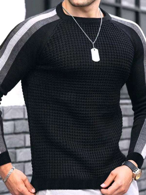 Vibrant Contrast Round Neck Loose-Fit Knit T-Shirt for Men - Perfect for Casual Autumn-Winter Styling!