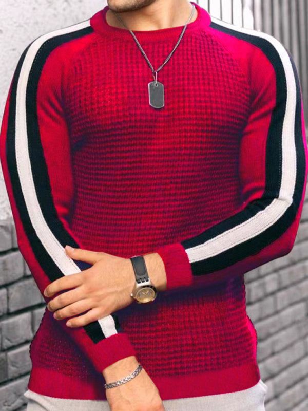 Vibrant Contrast Round Neck Loose-Fit Knit T-Shirt for Men - Perfect for Casual Autumn-Winter Styling!