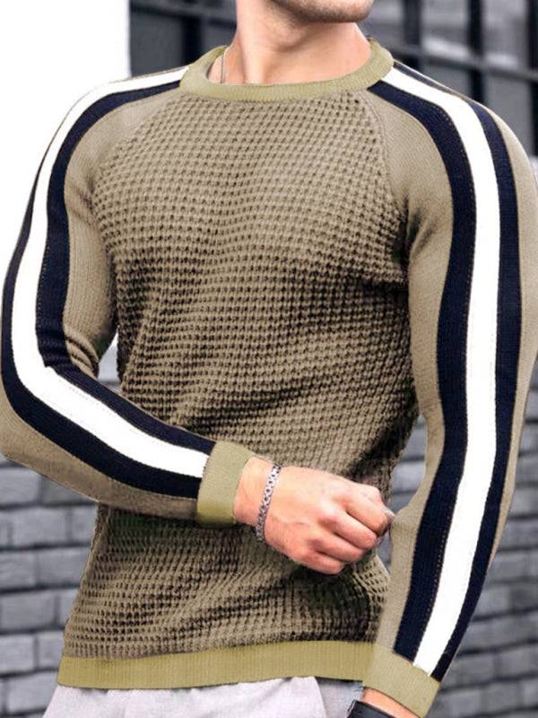 Vibrant Contrast Round Neck Loose-Fit Knit T-Shirt for Men - Perfect for Casual Autumn-Winter Styling!