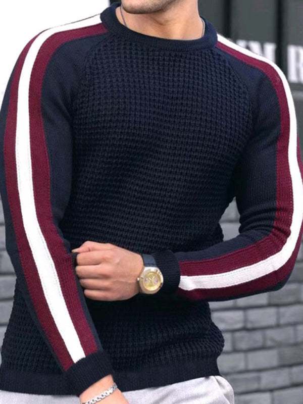 Vibrant Contrast Round Neck Loose-Fit Knit T-Shirt for Men - Perfect for Casual Autumn-Winter Styling!