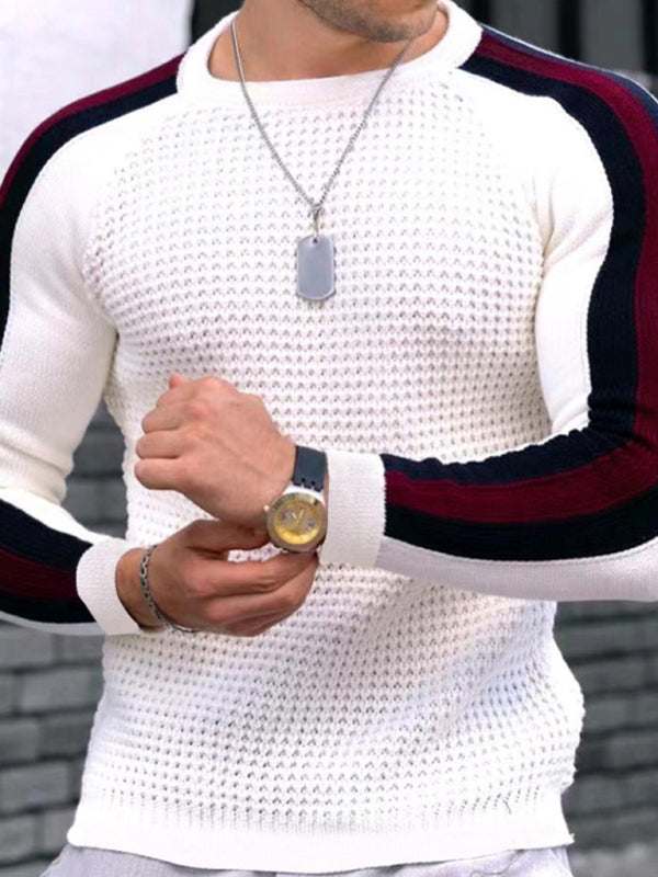 Vibrant Contrast Round Neck Loose-Fit Knit T-Shirt for Men - Perfect for Casual Autumn-Winter Styling!