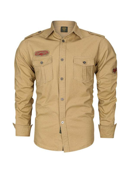 Men's military style cotton long sleeve shirt with lapel collar and flap pockets.