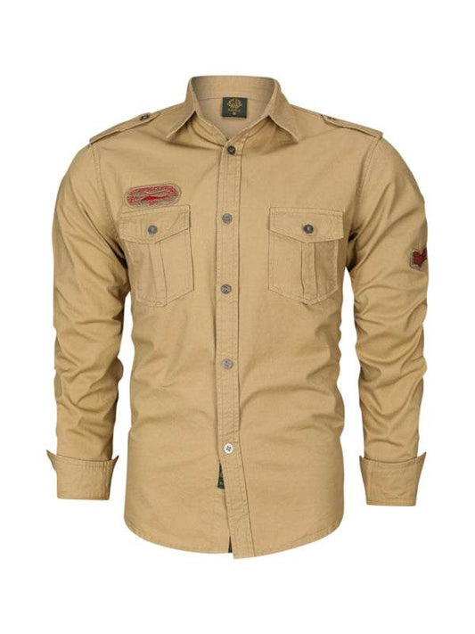 Men's military style cotton long sleeve shirt with lapel collar and flap pockets.