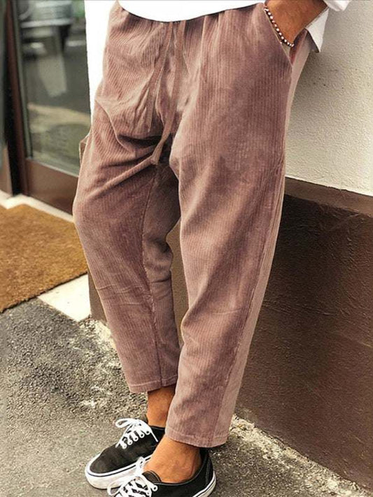 Men's corduroy loose casual straight cropped pants, self-design, polyester-cotton blend, suitable for all seasons.