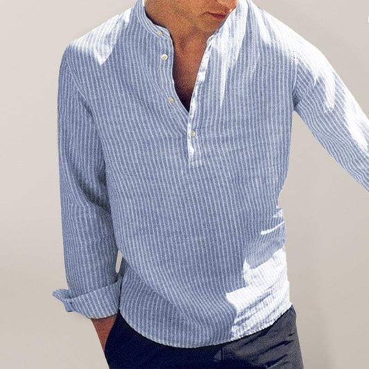 Men's casual striped cotton linen shirt with three-quarter sleeves, comfortable and breathable fabric.